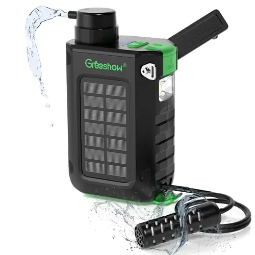 Greeshow Electric Water Filter, 0.01 Micron Survival Filtration System with Solar, Hand Crank Charger & LED Flashlight Portable Pump for Camping Gear, Hiking & Emergency Kits