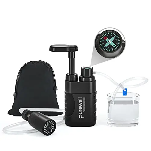 Purewell Water Hand Purifier Pump with Replaceable Carbon 0.01 Micron Water, Stages, Portable Outdoor Emergency and Survival Gear - Camping, Hiking, Backpacking(Black)