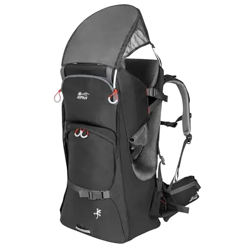 WIPHA Baby Backpack Carrier - Ergonomic Child Carrier Hiking with Sun Canopy, Safe Toddler Hiking Backpack Carrier with Large Storage Space&Insulated Pocket, Adjustable Padded Child Seat, Black