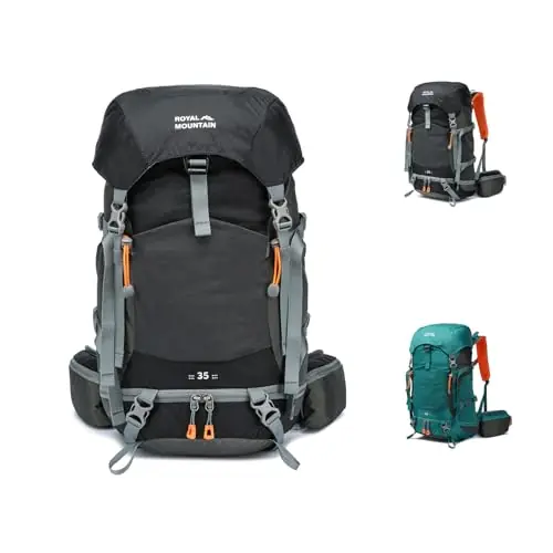 MIVENTO 35L Hiking Backpack - Water-Resistant Nylon Bag with Top Flap Cover, Camping Travel Daypack for Men Women (Black)