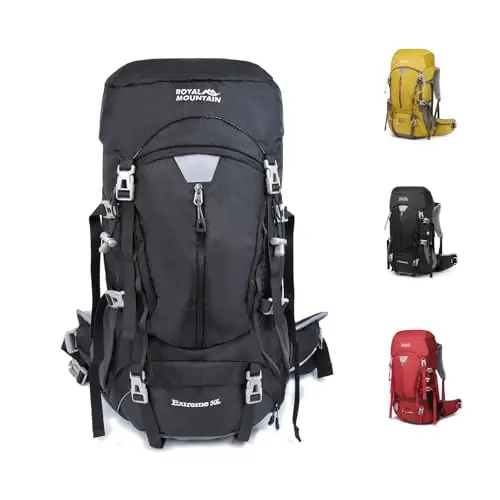 MIVENTO 50L Hiking Backpack - Water-Resistant Nylon Bag with Flap Top, Camping Travel Backpack for Men Women (Black)