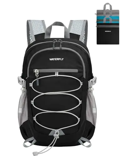 WATERFLY Small Lightweight Packable Backpack 15L Mini Ultra Light Foldable Travel Daypack with Breathable Shoulder Strap Outdoor Hiking Camping Day Pack for Women Men Black