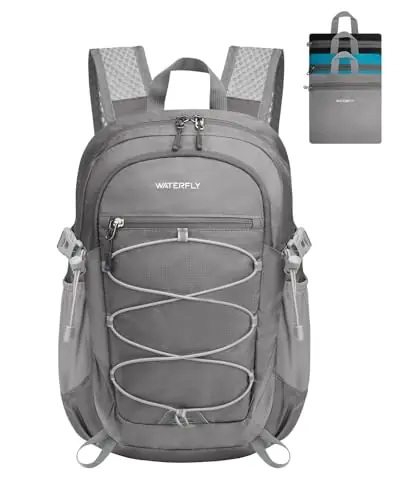 WATERFLY Small Lightweight Packable Backpack 15L Mini Ultra Light Foldable Travel Daypack with Breathable Shoulder Strap Outdoor Hiking Camping Day Pack for Women Men Gray