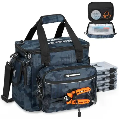 KastKing BaitSpace Fishing Tackle Bag With 4 Tackle Boxes & Removable Bait Binder, Water-Resistant Tackle Storage, Durable Fishing Gear, Adjustable Shoulder Strap