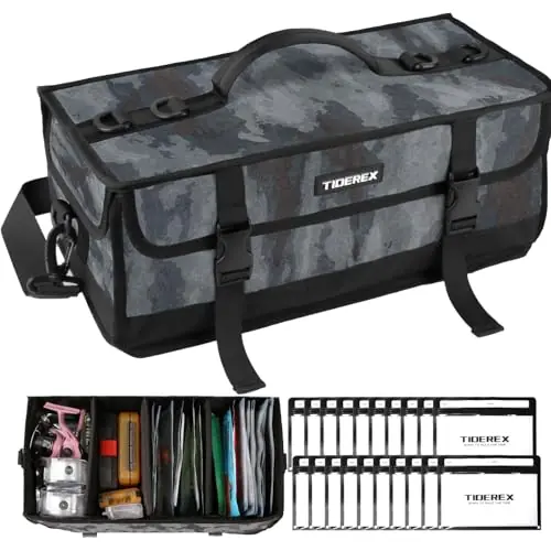 TideRex Large Fishing Tackle Bag for Soft Plastic Baits Storage, 20PCS Soft Bait Clear Storage Bag, Adjustable Fishing Gear Organizer for Weights, Reels & Hooks, 900D Waterproof Oxford Fabric, Black
