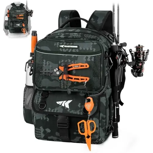 KastKing BaitSpace 50L Fishing Tackle Backpack with Removable Bait Binder,2 Rod Holders Storage Fishing Gear and Equipment,Black Camo