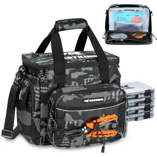 KastKing BaitSpace Fishing Tackle Bag With 4 Tackle Boxes & Removable Bait Binder, Water-Resistant Tackle Storage, Durable Fishing Gear, Adjustable Shoulder Strap