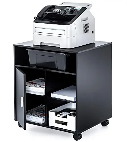 Printer Stand with Storage Adjustable Shelves, Wood Mobile Cart with Door