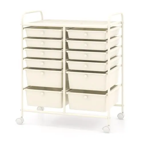 12-Drawer Rolling Storage Cart, Moveable Art Craft Organizer W/Lockable Wheels, Metal Shelf