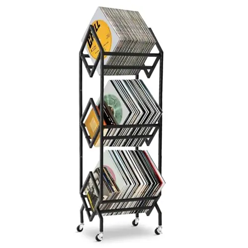 Mobile Vinyl Record Storage Rack with Wheels, 3-Tier Matte Black Book Cart & LP Display Stand