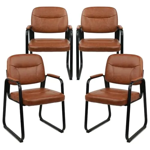 Leather Guest Chair with Padded Arms, Modern Brown Office Desk Chairs with Sled Base for Office Meeting