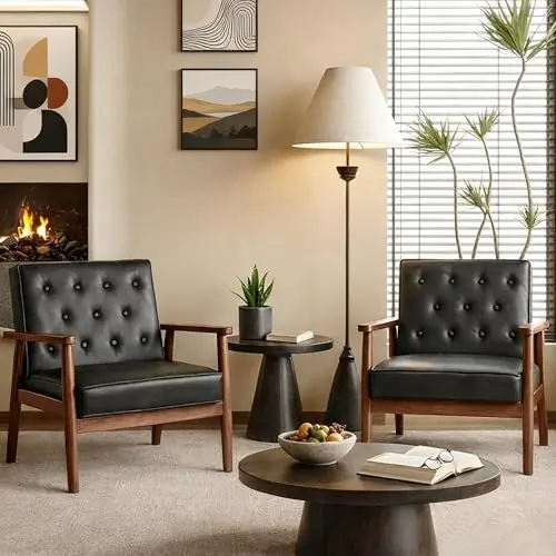 Black Leather Accent Chairs Set of 2, Waiting Room Chairs with Wood Arms, Office Guest Arm Chair