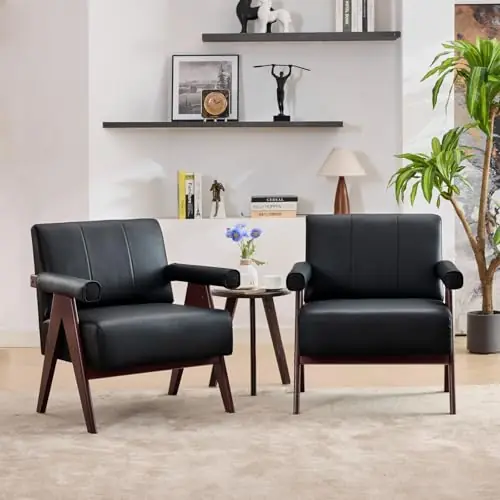Black Leather Accent Chairs Set of 2, Mid Century Modern Accent Chair, Side Arm Chairs for Living Room