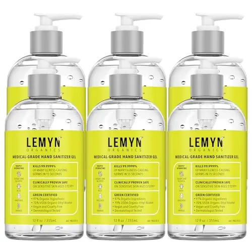 Lemyn Organics Medical‑Grade Hand Sanitizer Gel – 97 % Organic 70 % USP Ethyl Alcohol Moisturizing Aloe + Hyaluronic Acid Freshly Made in USA 12oz Bottle with Pump (PACK OF 6)