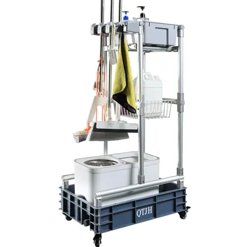 Rolling Cleaning Cart with Mop & Broom Organizer , Convenient Storage Cart for Janitorial Supplies, Tools, and Cleaning Equipment