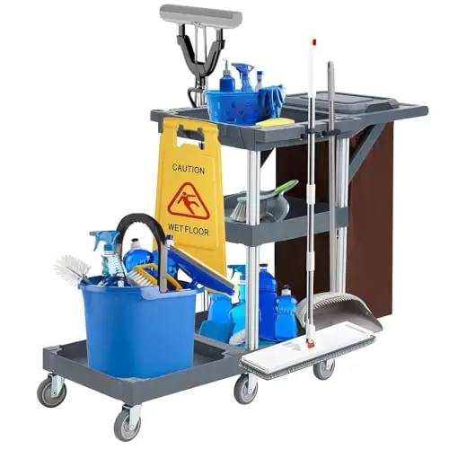 3 - Shelf Heavy - Duty Commercial Janitorial Cart with Wheels - 16 - Gallon Trash Bag Included, 220 Lbs Capacity