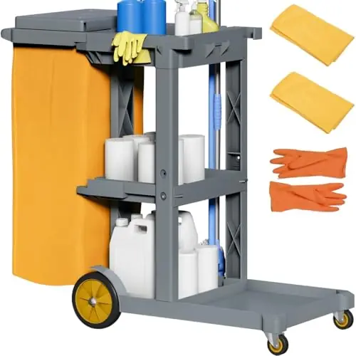 Janitorial Cart Cleaning Carts on Wheels, Gray Housekeeping Carts, 3-Shelf Commercial Traditional Plastic Janitor Cart