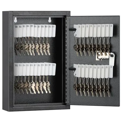 Locking Key Cabinet, 40 Key Storage Lock Box with Code, Key Box Wall Mount with Combination Lock, Key Hooks & Tags Labels for Home