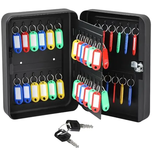 Ripeng 48-Keys Steel Key Lock Box - Wall Mount Key Cabinet with Colorful SecureTags & Hooks Keys