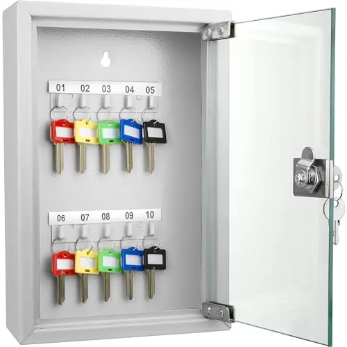 Wall Mount Steel Key Cabinet Organizer with Labeled Hooks and Colored Key Tags for Home, Office