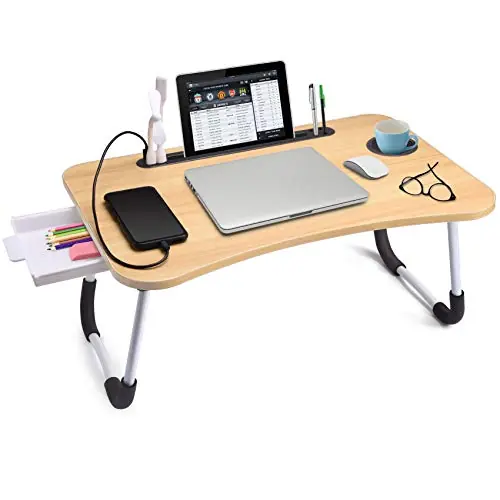 Slendor Lap Desk with Tablet Slot, Foldable Laptop Table with Storage Drawer for Bed,Portable Bed Desk for Laptop, Computer Tray with Cup Holder Notebook Stand Reading Holder for Couch Floor, Walnut