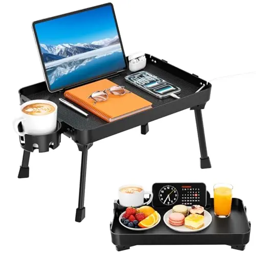 KDD Bed Tray Table with Folding Legs,Breakfast Tray with Removable Cup Holder & Phone Tablet