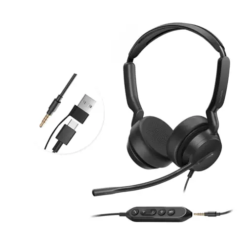 USB-A/C & 3.5MM Stereo Computer Headsets with Noise Cancelling Microphone for PC, Laptop