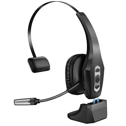 Trucker Bluetooth Headset with Charging Base, Wireless Hands-Free Headset with Noise Canceling Mic & Mute Button