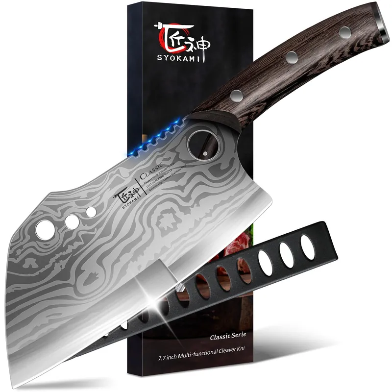 SYOKAMI Meat Cleaver Chef Knife with Sheath, 7.7 Inch Butcher Knife with Herb Stripper, Chopping Knife Heavy Duty Bone Cutting, Damascus Pattern Full Tang Wood Handle, Birthday Gift for Men