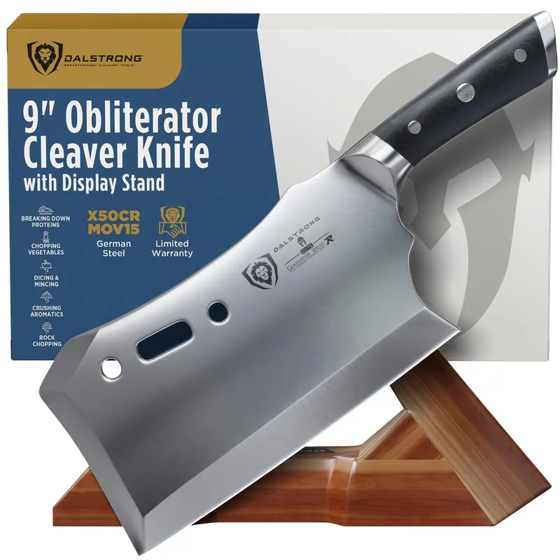 Dalstrong Obliterator 9" Meat Cleaver — 6mm Thick, 2.9 lbs, 7CR17MOV Carbon Steel (60 HRC), Full-Tang G-10 Handle — For BBQ Pitmasters, Home Butchering & Heavy Prep — Wood Stand Included