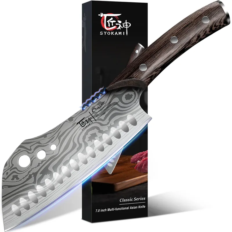 SYOKAMI Cleaver Chef Knife with Herb Stripper, 7" Asian Kitchen Knife 3-in-1 Combined with Chef‘s Knife, Santoku, Nakiri for Slicing, Chopping, Dicing, Mincing, Housewarming Birthday Cooking Gifts