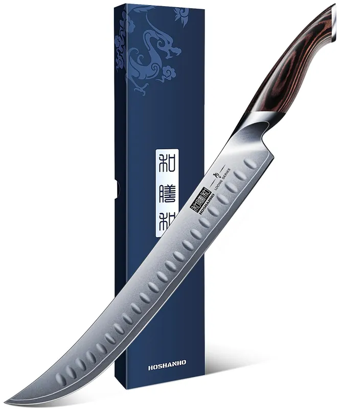 HOSHANHO Carving Slicing Knife, 12 Inch Japanese High Carbon Steel Brisket Knife with Ergonomic Pakkawood Handle, Razor Sharp Curved Butcher Breaking Knives for Meat Cutting