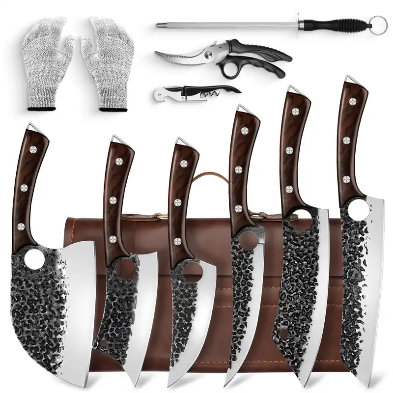 DRGSKL Serbian Chef Knife Set - Hand Forged Knife Set with Bag - Full Tang Kitchen Knives with High Carbon Steel - Meat Cleaver Butcher Boning Knives for Brisket Trimming - Gifts for Mom