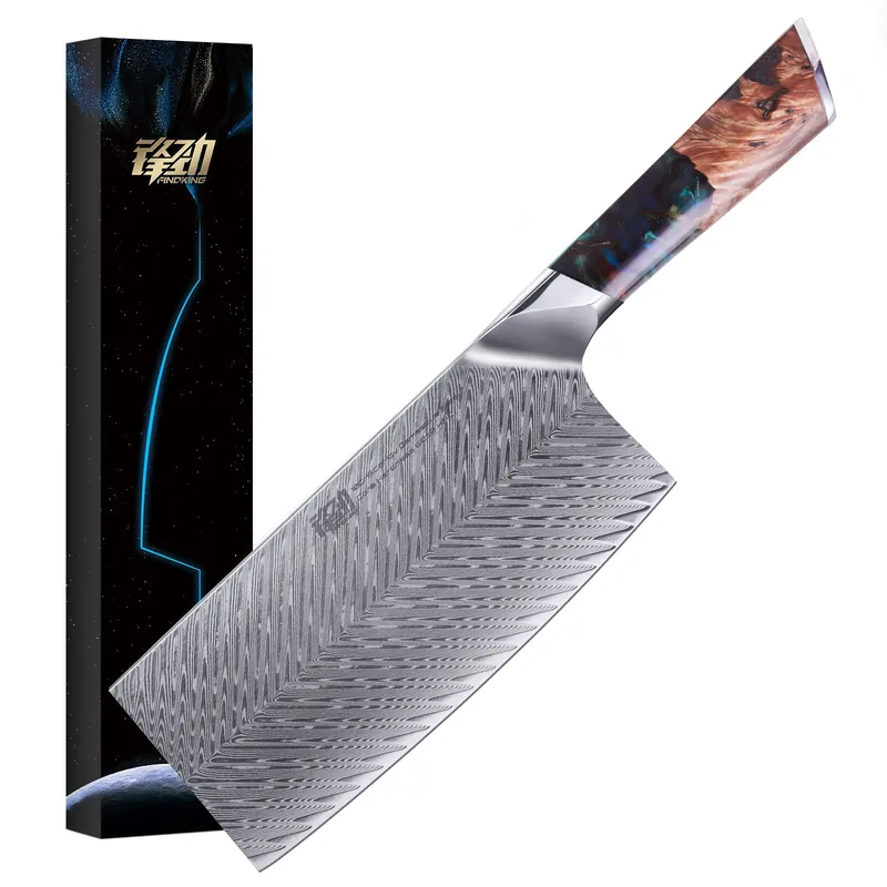 FINDKING Nebula Series Cleaver Knife, Multipurpose Chinese Chef Knife, 10Cr15CoMov Damascus Steel Blade, Resin and Figured Sycamore Handle, Full Tang, 7 Inch, Blue, for Meat, Vegetable Shredding