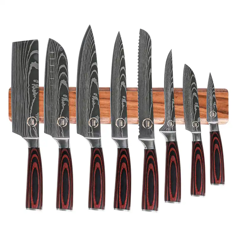HouseWish 8 PC Chef Knives - High Carbon Stainless Steel Knives With Pakkawood Handles - Magnetic Strip Holder Included - Japanese Knife Set - Home & Professional Chef‘s Knife Set