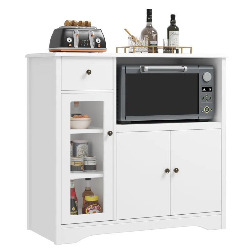 HORSTORS Microwave Cabinet, Kitchen Storage Cabinet with 3 Doors and 1 Drawer, Buffet Sideboard with Adjustable Shelves, Microwave Stand for Kitchen, Dining Room, White