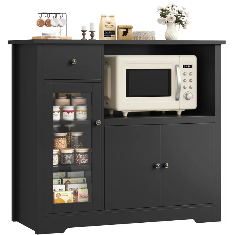 HORSTORS Microwave Cabinet, Kitchen Storage Cabinet with 3 Doors and 1 Drawer, Buffet Sideboard with Adjustable Shelves, Microwave Stand for Kitchen, Dining Room, Black