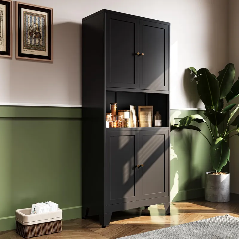QPRVPTOW 69" H Kitchen Pantry Cabinet with Countertop,Kitchen Hutch Cabinet with Storage,Black Metal Storage Cabinet,Microwave Cabinet,