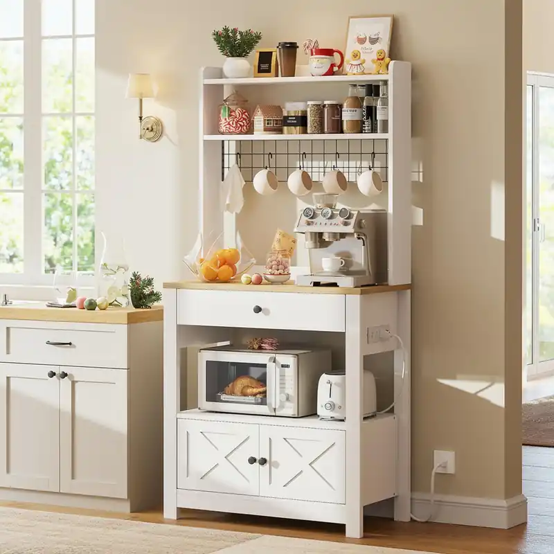 LIKIMIO Baker Rack with Spill-Safe Power Outlet & Drawer, Coffee Bar Cabinet with Storage, Farmhouse Microwave Stand with Hutch and 5 Hooks for Kitchen, White