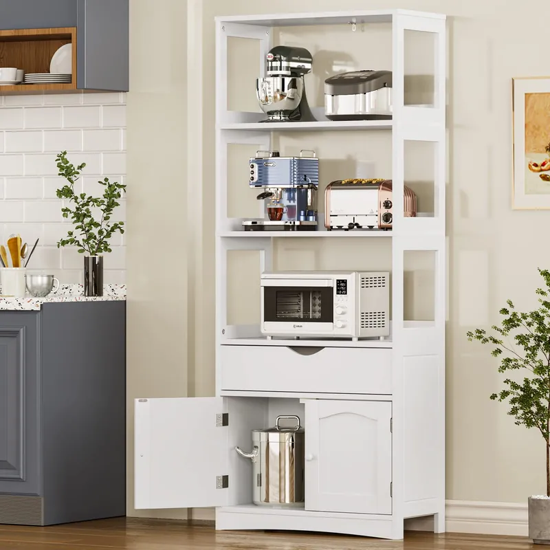 DICTAC Kitchen Pantry Storage Cabinets Freestanding Tall Bathroom Cabinet with Shelves and Drawer 64‘‘H Sideboard Microwave Space Cupboard Organizer for Home Office,White, 23.62x13x64.06inch