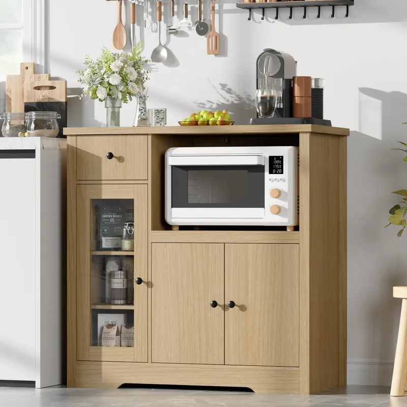 GarveeHome Kitchen Microwave Cabinet with Storage and Drawers, Modern Small Buffet Cabinet with Glass Doors and Adjustable Shelf, Wooden Sideboard with Wide Top for Dining Room, Living Room, Natural