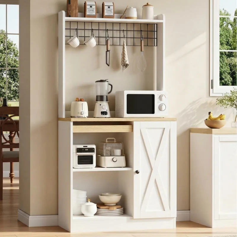 IRONCK Bakers Rack with Pull Out Shelf and Power Outlet, Microwave Stand with Adjustable Shelves & 5 Hooks, Barn Doors, Kitchen Pantry Coffee Bar Cabinet for Kitchen Dining Room, White
