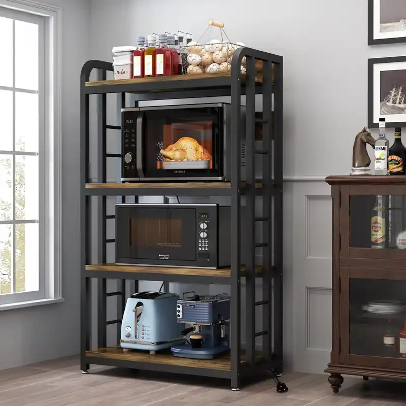 SIREDEEP Bakers Rack with Power Outlet ,4-Tier Kitchen Baker‘s Rack,Microwave Stand with Storage Suitable for Kitchen, Living Room, Dinning Room,Coffee Bar(Rustic Brown)