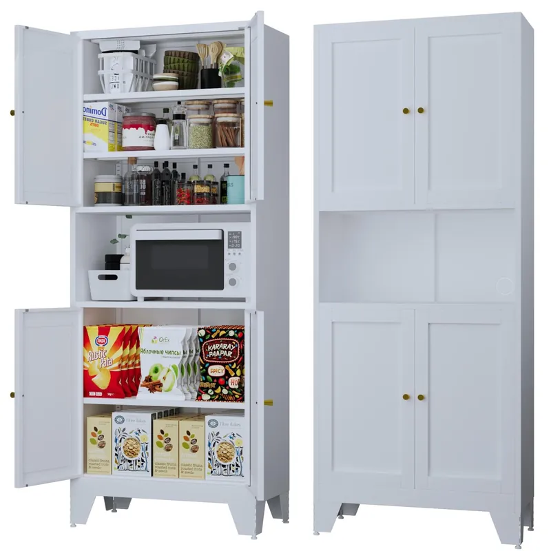 XIUSVON 69" Tall Metal Pantry Cabinet with Microwave Stand,Microwave Storage Cabinet with 4 Doors & 3 Adjustable Shelves for Kitchen (4doors-White, 13.78" D x 27.54" W x 68.9" H)