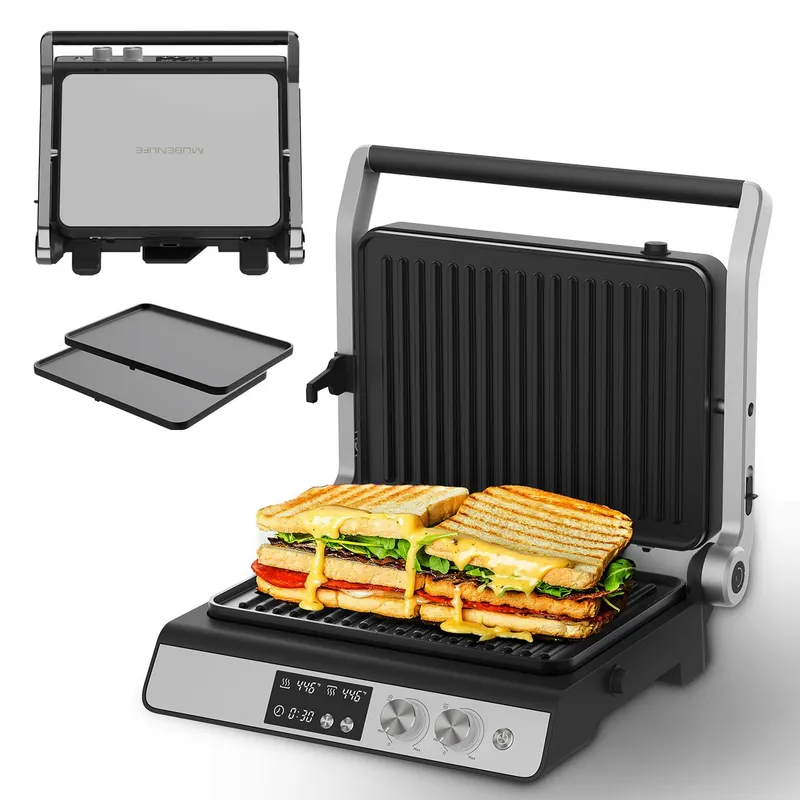Panini Press,4 Slices Contact Grill with Removable Non-Stick Coated Grill and Flat Plates,Panini Makers with Temperature Control and Timer,Open 180 Degrees,Grill and Griddle (Silver with digital)