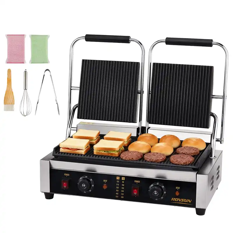 ROVSUN 813 Commercial Panini Press Grill, 3600W Stainless Steel Electric Countertop Sandwich Maker with Adjustable Temp 122°F–572°F, For Steak, Burgers, Home & Restaurant Use, 110V, Silver