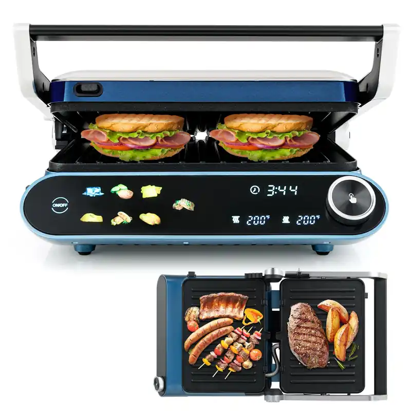 COSTWAY Panini Press, 1200W Sandwich Maker with LED Touch Panel, Non-Stick Coated Plates & Removable Drip Tray, 180 Degrees with 7 Grilling Modes for any Thickness for Quesadillas, Burgers & More