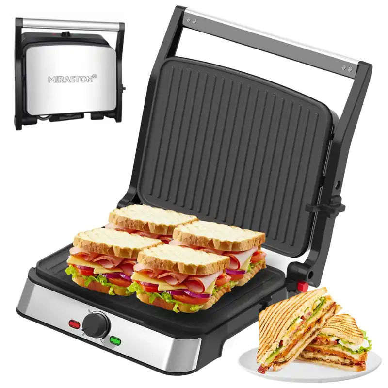 MIRASTON Electric Panini Press Grill and Sandwich Maker / 8.5" x 11" Non-Stick Coated Plates, Opens 180 Degrees to Fit Any Type or Size Food, Dishwasher Safe, Sliver