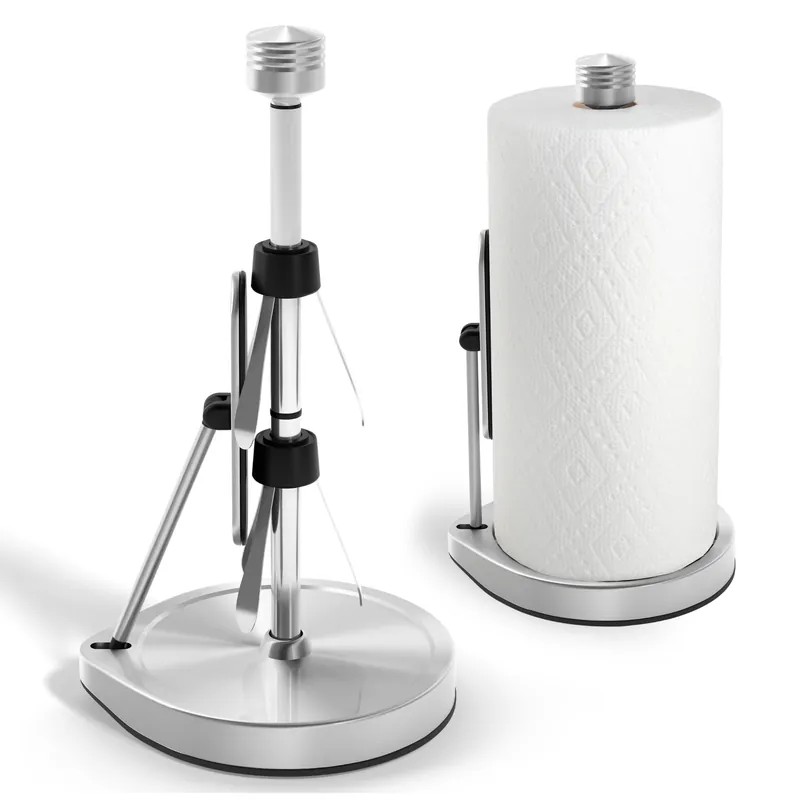 Heavy-Duty Stainless Steel Paper Towel Holder - Easy One-Handed Tear with Suction Cups - Modern Weighted Standing Countertop Dispenser for Kitchen - Holds All Paper Towel Rolls, Silver