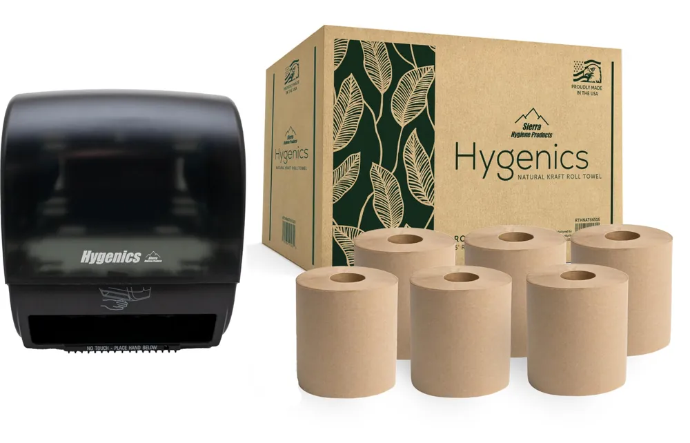 Sierra Hygenics Hands-Free Translucent Black Paper Towel Dispenser with (6) Hygenics 7.5" Hardwound 1-ply Natural (Kraft) Paper Towel Rolls